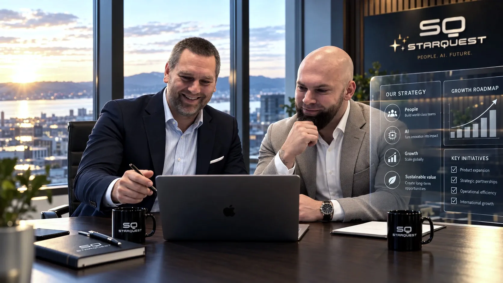 Two leaders reviewing strategy and a growth plan at a laptop, overlooking the city